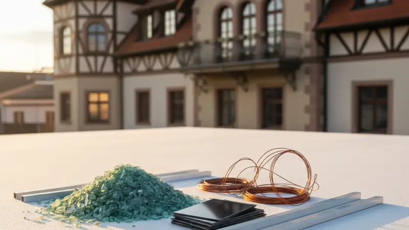 Recycelte Rohstoffe aus Solarmodulen: Glasgranulat, Siliziumwafer, Kupferdraehte und Aluminiumstreifen auf einer industriellen Fläche