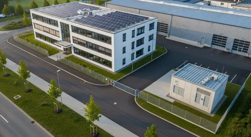 Luftaufnahme einer Gewerbehalle mit Photovoltaikanlage und kompakter Übergabestation auf dem Betriebsgelände