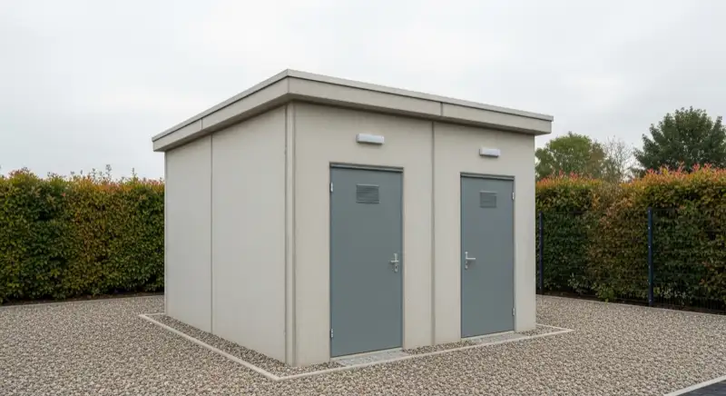 Kompakte Übergabestation aus Beton am Rand eines Gewerbegebiets mit geschlossenen Türen