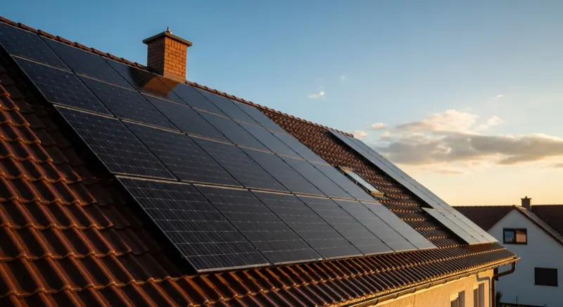 Professionelle Reinigung von Solarmodulen auf einem Einfamilienhaus-Ziegeldach mit Teleskopstange und weichem Wasserstrahl