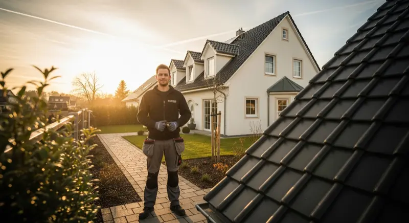 Fachmann in Arbeitskleidung mit Sicherheitsausruestung reinigt Solarmodule professionell auf einem Schraegdach