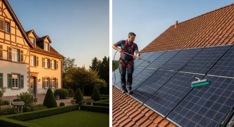 Professionelle Solarreinigung-Ausruestung: Teleskopstange, weiche Buerste, demineralisiertes Wasser auf einem Dach