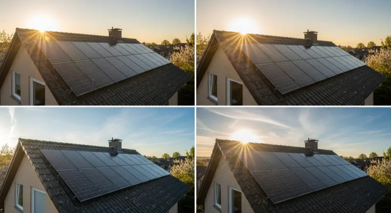 Solaranlage in verschiedenen Jahreszeiten: Fruehling mit Bluetenstaub, Sommer mit Sonne, Herbst mit Laub, Winter mit Schnee