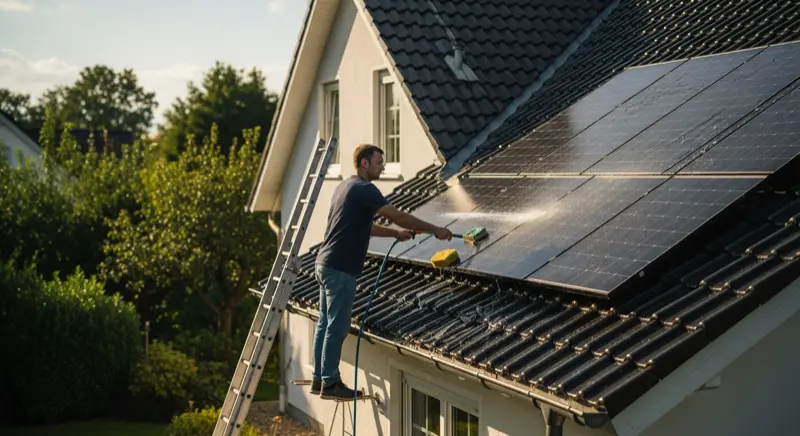 Hausbesitzer reinigt Solarmodule auf dem Dach mit Gartenschlauch und weichem Schwamm, sonniger Tag