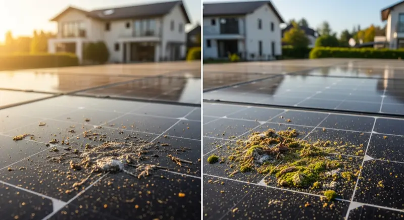 Verschiedene Verschmutzungsarten auf Solarmodulen: Vogelkot, Blaetter, Bluetenstaub, Moos und Staub im Detail