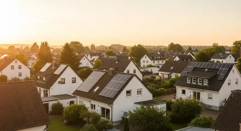 Luftaufnahme deutsches Wohngebiet mit verschiedenen Dachausrichtungen und Solaranlagen