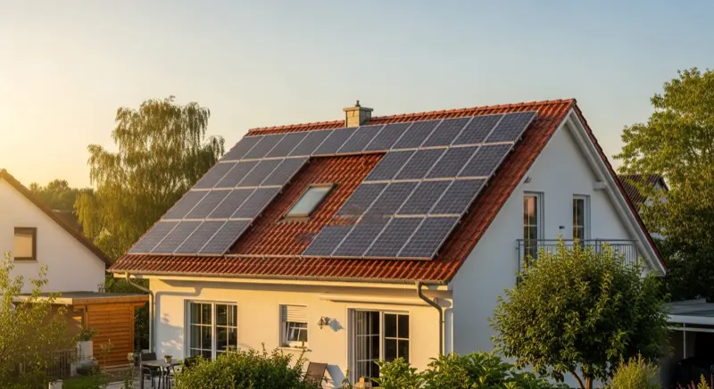 Einfamilienhaus mit moderner Solaranlage auf dem Dach bei Sonnenschein