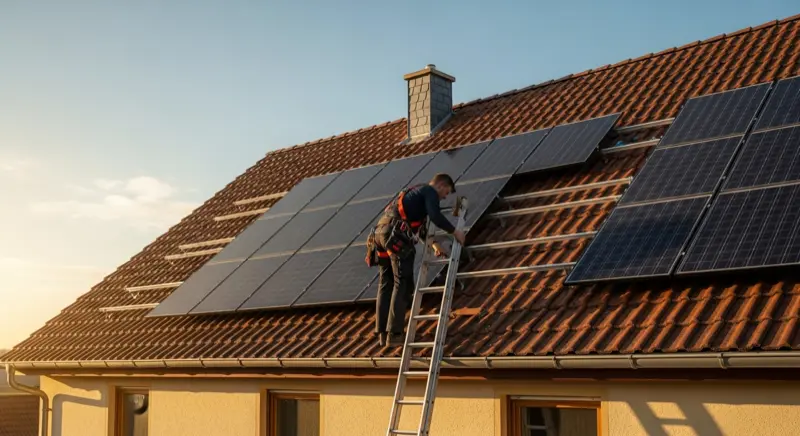 Elektriker installiert Solarmodule auf Hausdach mit Sicherheitsgurt