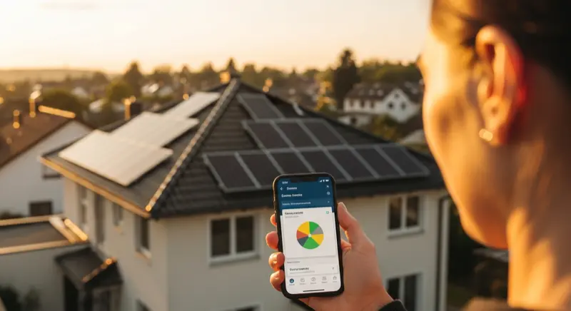 Person prüft Solar-Ertrags-App auf Smartphone vor Solaranlage auf dem Dach