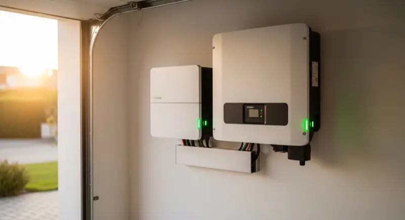 Moderner Batteriespeicher und Wechselrichter an Garagenwand montiert