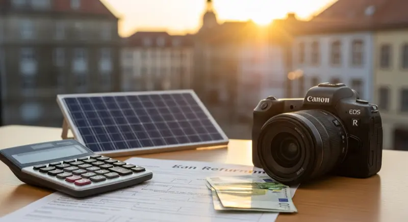 Taschenrechner auf Schreibtisch neben Solaranlage-Unterlagen und Euro-Geldscheinen