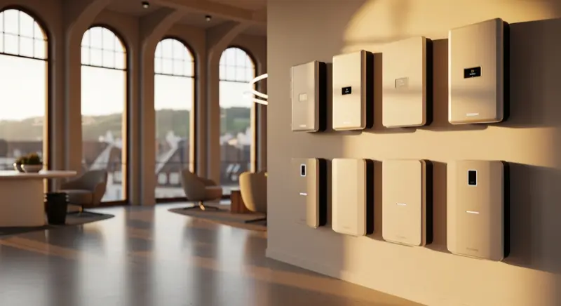 Verschiedene Batteriespeicher-Modelle nebeneinander in einem Ausstellungsraum