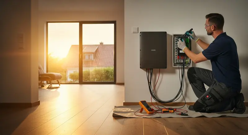 Elektriker installiert einen Wandspeicher im Keller