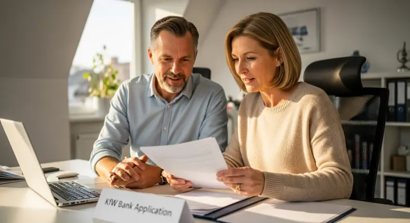 Ehepaar prueft KfW-Förderantrag am Schreibtisch