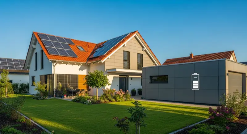 Einfamilienhaus mit Solaranlage auf dem Dach und Speicher in der Garage