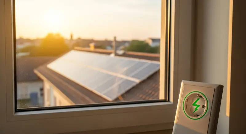 Modernes Wohnzimmer mit Blick auf Solarpanels, Energieautarkie-Konzept