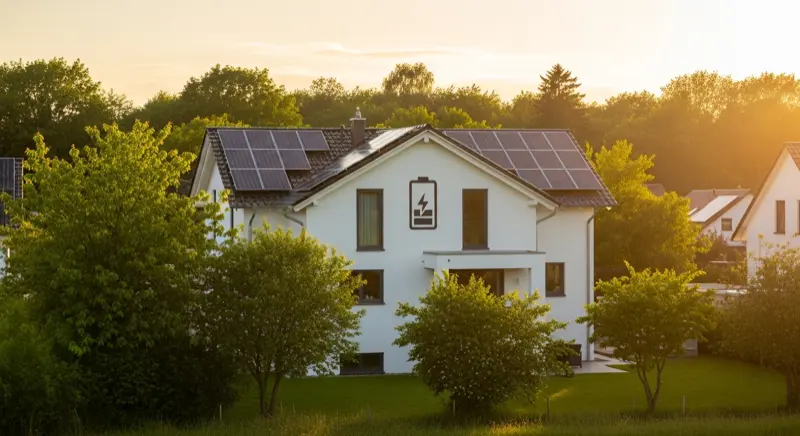 Modernes deutsches Einfamilienhaus mit Solaranlage auf dem Dach und Batteriespeicher