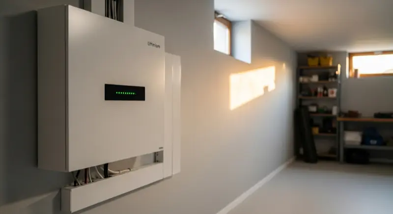 Moderner weißer Lithium-Batteriespeicher montiert an einer Kellerwand mit grünen LED-Statusanzeigen