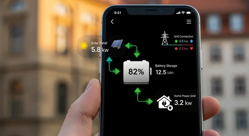 Smartphone-App zeigt Energiefluss zwischen Solaranlage, Batteriespeicher und Hausnetz