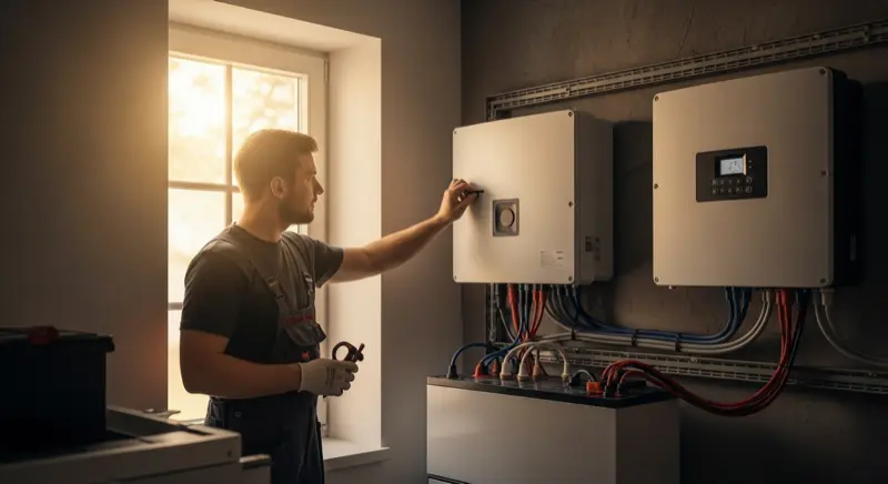 Elektriker installiert einen Stromspeicher neben einem Wechselrichter in einem Hauswirtschaftsraum