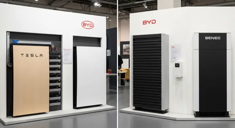 Verschiedene Batteriespeicher-Systeme nebeneinander in einem Ausstellungsraum