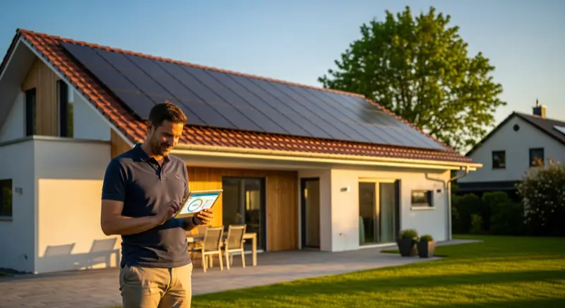 Modernes Einfamilienhaus mit Solaranlage auf dem Dach in deutschem Vorort
