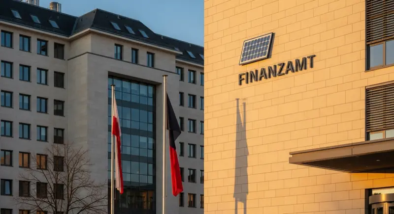 Deutsches Finanzamt-Gebaeude mit Photovoltaik-Symbol