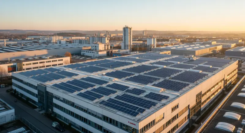 Große gewerbliche PV-Anlage auf einem Flachdach eines Industriegebäudes