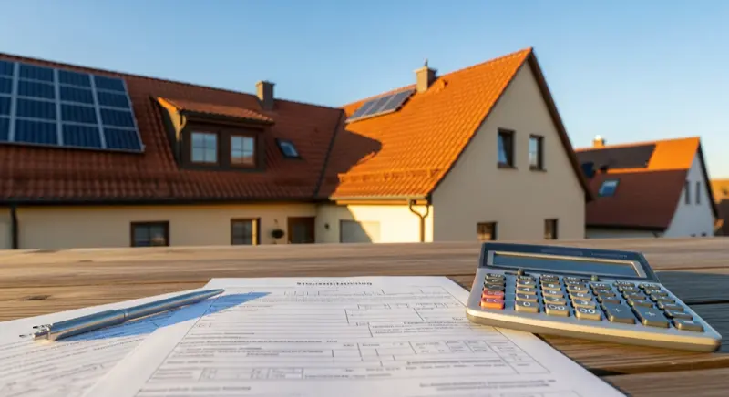 Einfamilienhaus mit Solaranlage auf dem Dach, Steuerunterlagen und Taschenrechner im Vordergrund