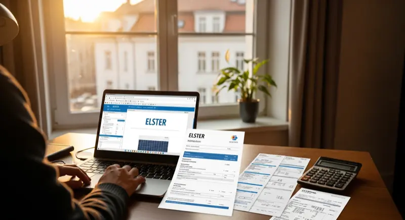 Person am Laptop mit Steuersoftware, PV-Rechnungen und Taschenrechner auf dem Schreibtisch