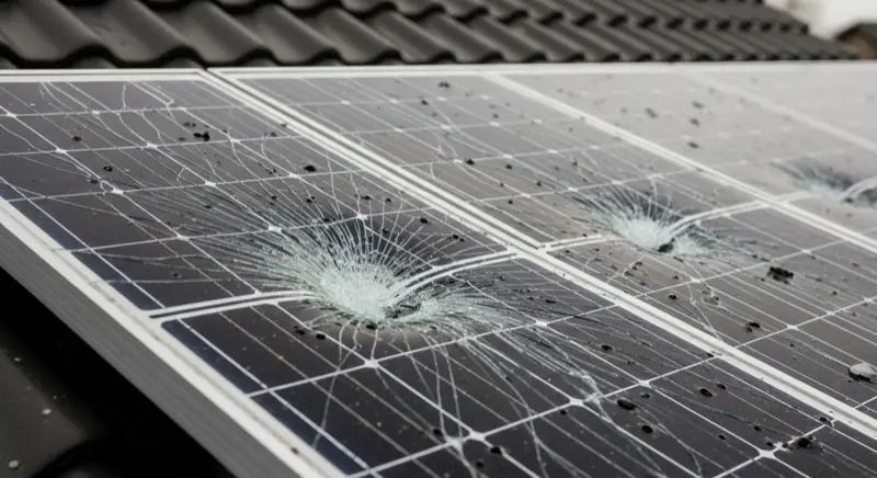 Hagelschaden an Solarmodulen mit sichtbaren Beschädigungen auf dem Glas