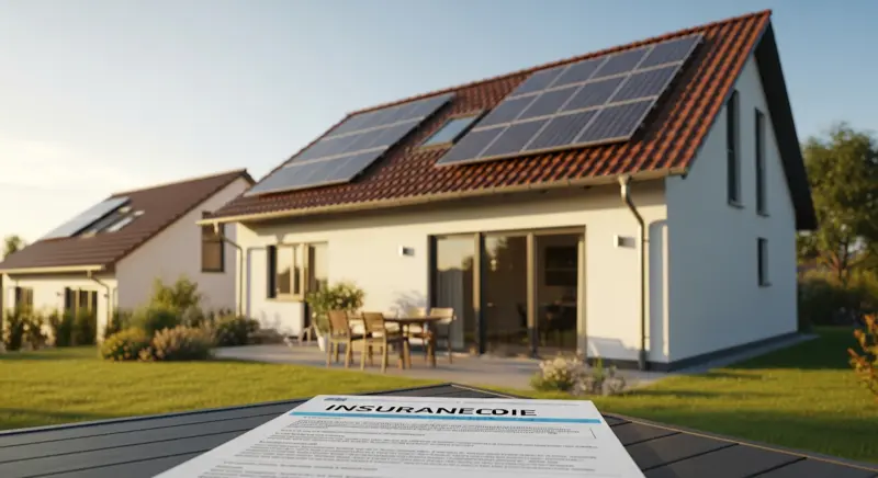 Deutsches Einfamilienhaus mit Solaranlage und Versicherungsunterlagen auf dem Gartentisch