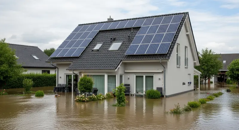 Überschwemmung um deutsches Einfamilienhaus mit Solaranlage auf dem Dach