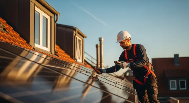 Solartechniker inspiziert Solarmodule auf dem Dach mit Messgerät