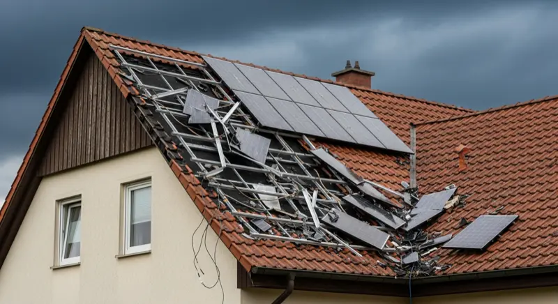Sturmschaden an einer Solaranlage mit abgerissenen Modulen auf einem Hausdach