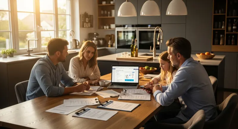 Familie prüft Versicherungsunterlagen und Vergleichsangebote am Küchentisch
