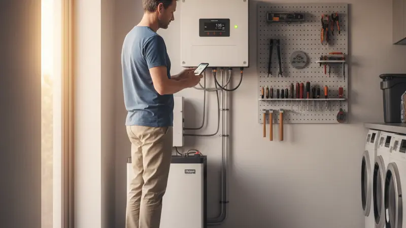 Hausbesitzer prüft den Wechselrichter seiner Solaranlage per Smartphone-App