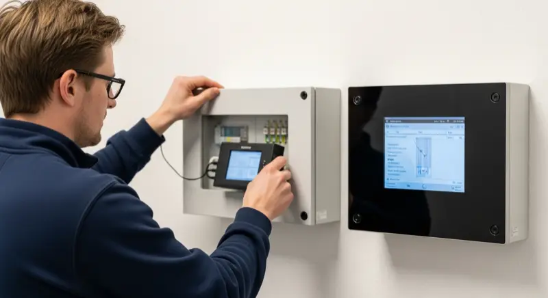 Elektriker prüft einen modernen Wechselrichter im Hauswirtschaftsraum