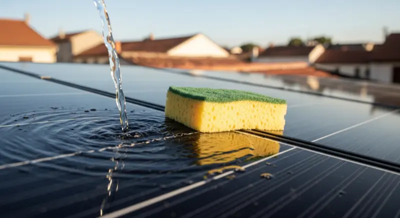 Nahaufnahme Reinigung von Solarmodulen mit weichem Schwamm und entmineralisiertem Wasser