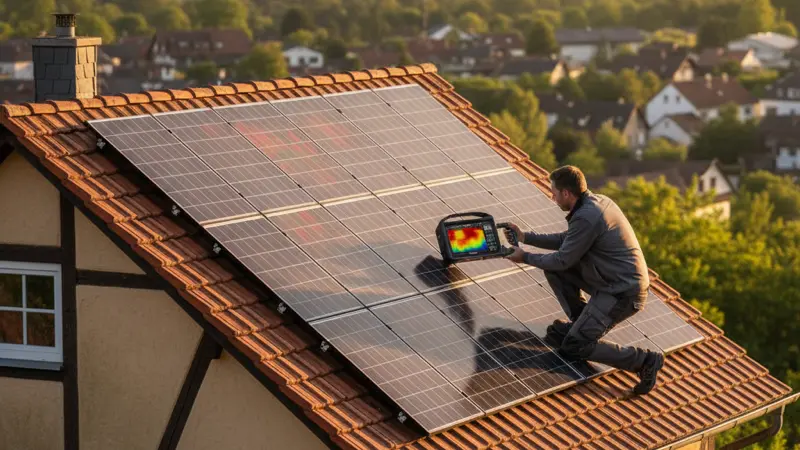 Fachkraft untersucht Solarmodule mit einer Infrarot-Wärmebildkamera