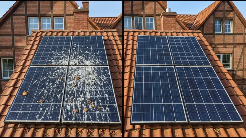 Verschmutztes Solarmodul neben einem sauberen Modul auf einem Hausdach