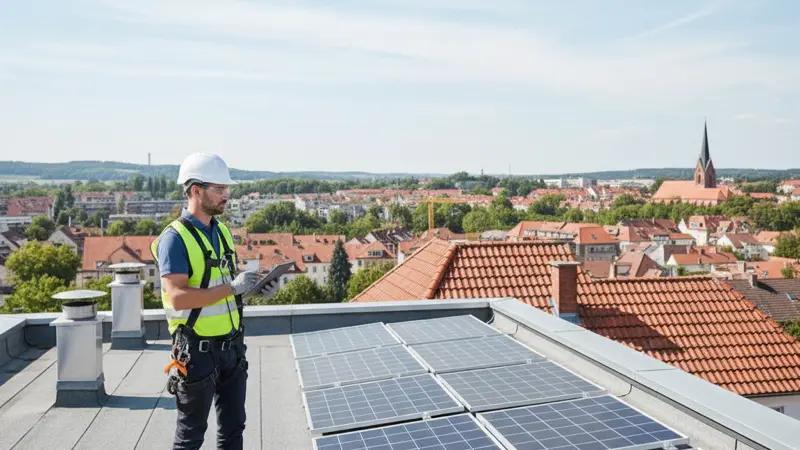Fachkraft mit Sicherheitsausrüstung und Checkliste neben sauberen Solarmodulen auf dem Dach