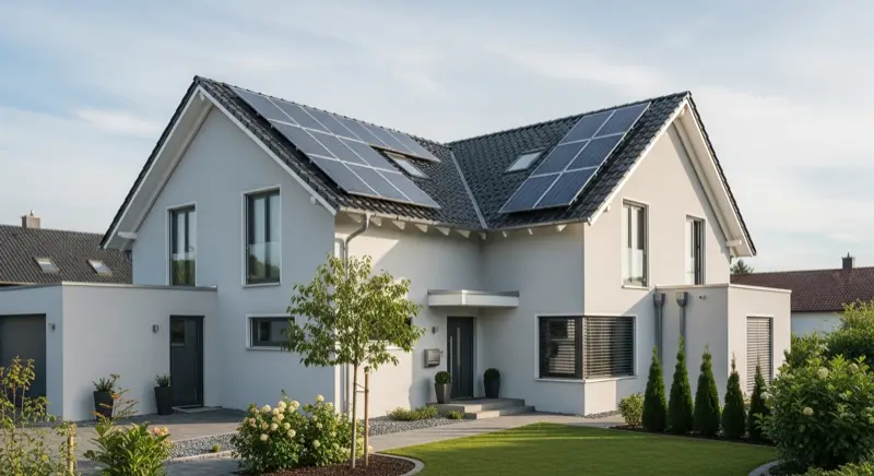 Zufriedene Familie mit PV Anlage und Speicher