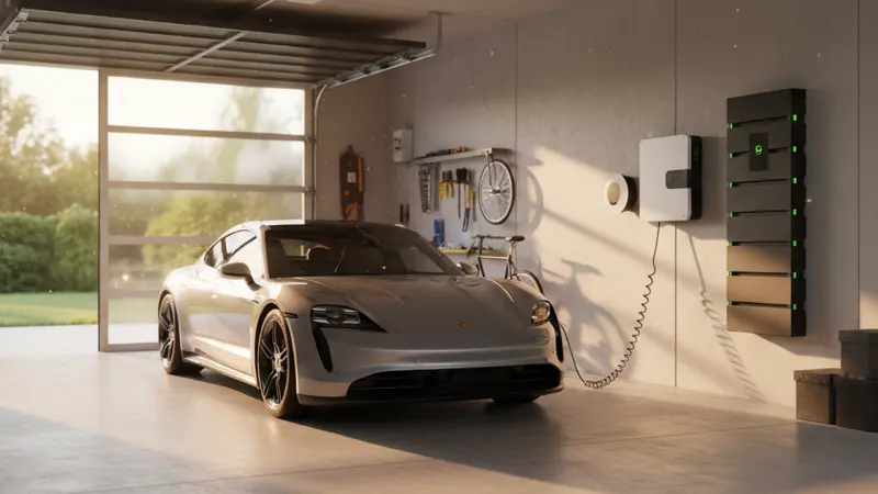 Elektroauto wird in der Garage geladen, daneben Batteriespeicher an der Wand