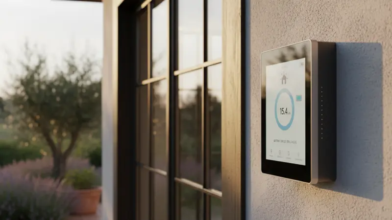 Modernes Energie-Monitoring-Display an der Wand zeigt Solarproduktion und Batteriestatus