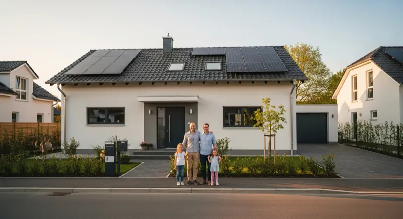 Deutsche Familie steht glücklich vor ihrem Einfamilienhaus mit Solaranlage auf dem Dach
