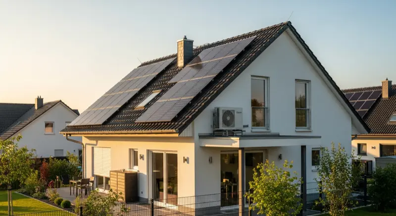 Modernes Einfamilienhaus mit Solaranlage auf dem Dach und Batteriespeicher an der Hauswand
