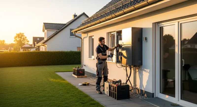 Elektrotechniker installiert einen Batteriespeicher in einem deutschen Einfamilienhaus