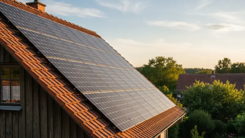 Solarmodule auf einem Ziegeldach aus der Nähe fotografiert mit blauem Himmel