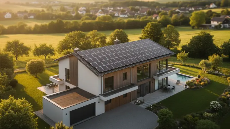 Deutsches Einfamilienhaus mit großer Solaranlage auf dem Dach